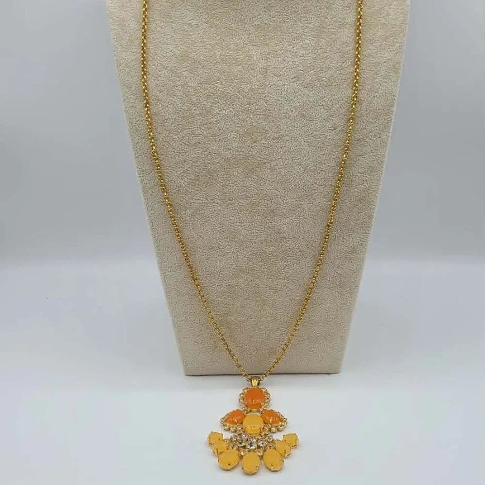 J Crew Shades of Orange Resin Crystal Large Gold Tone Pendant Necklace NWOT!